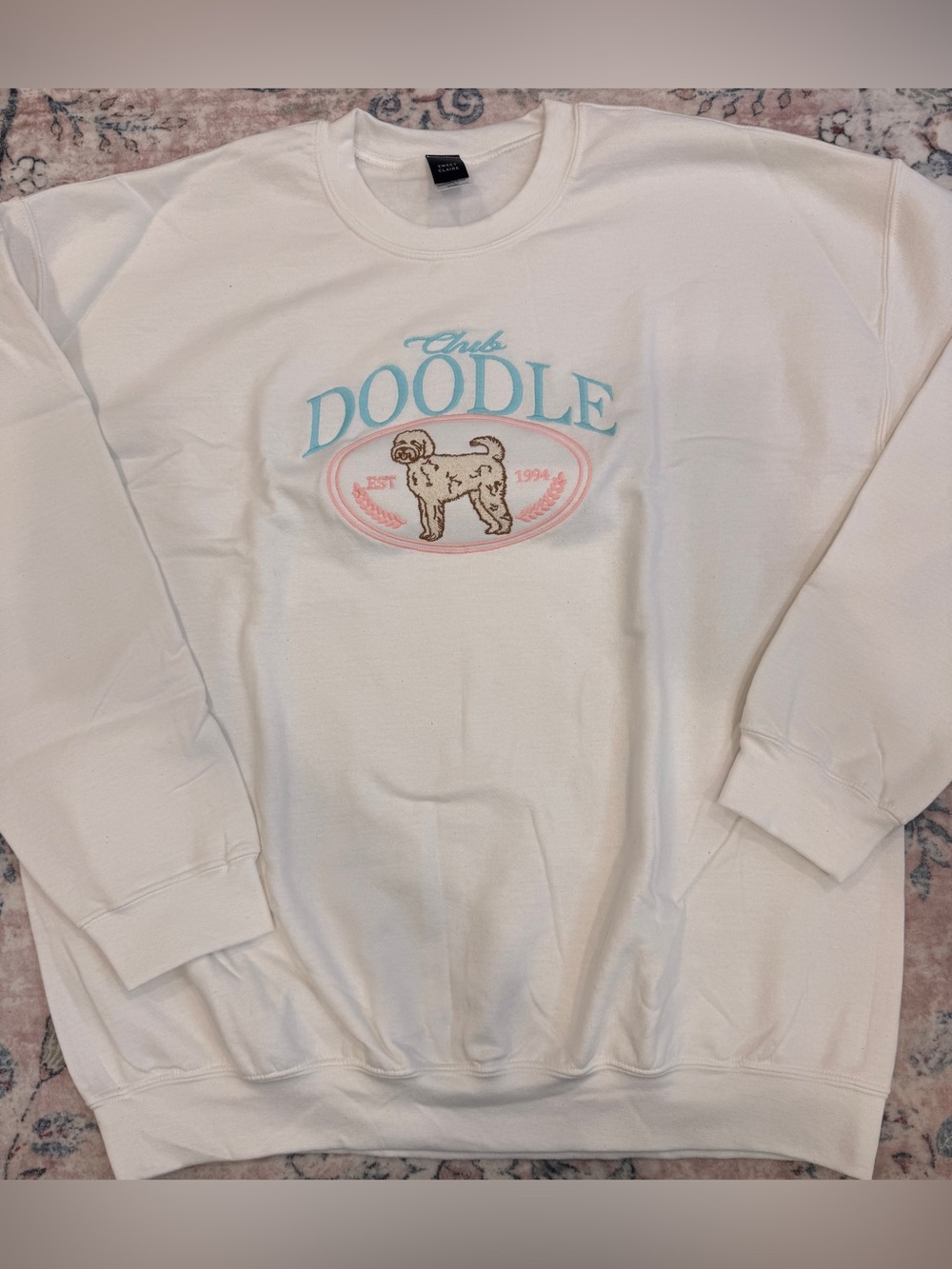 Sweet Claire White Sweatshirt Doodle club with Blue & Pink Embroidery L/XL